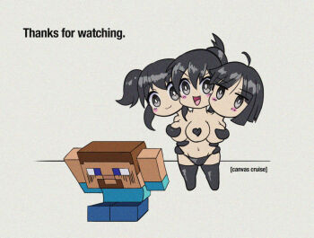 1boy 1girl 3girls black_hair blush_stickers breasts canvascruise chibi conjoined large_breasts minecraft monster_girl multiple_girls navel open_mouth panties short_hair smile steve_(minecraft) twintails underwear wither_(minecraft)