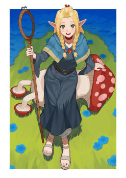 1girl arm_support arm_up belt belt_around_waist belt_buckle blonde_hair blue_capelet blue_dress blue_flower border braid breasts brown_belt buckle capelet choker collarbone commentary crossed_legs curtained_hair day dress dungeon_meshi elf eyebrows_hidden_by_hair feet fingernails flower from_above full_body giant_mushroom grass green_eyes grey_sandals grin hair_over_shoulder hair_ribbon hair_tubes half_up_braid half_updo highres holding holding_staff hood hood_down hooded_capelet karassawa large_ears leaning_to_the_side leather_belt leg_up light_blush long_dress long_eyelashes long_hair long_sleeves looking_at_viewer looking_up mage_staff marcille_donato mushroom open_mouth outdoors outside_border pants parted_bangs pink_nails pointy_ears puffy_pants raised_eyebrows red_choker red_ribbon ribbon sandals shadow sidelocks sitting smile solo staff straight-on striped_blush sunlight symbol-only_commentary tareme teeth thick_eyelashes twin_braids two-tone_capelet upper_teeth_only v-neck walking_mushroom_(dungeon_meshi) white_border white_pants wide_sleeves wooden_staff yellow_capelet yellow_trim
