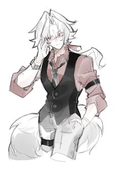 1boy adjusting_eyewear alternate_costume black_necktie black_vest calx closed_mouth cropped_legs facial_mark forehead_mark glasses grey_pants hand_in_pocket hashtag-only_commentary highres light_smile long_hair male_focus necktie pants red_eyes red_shirt shirt simple_background solo tail thigh_strap vest watch white_background white_hair white_tail wristwatch ye_shiyuan zenless_zone_zero