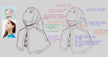 1girl capelet commentary cropped_shoulders earrings elf english_commentary english_text frieren grey_background greyscale head_back highres how_to jewelry long_pointy_ears looking_up meme meziosaur monochrome parted_bangs photo-referenced pointy_ears reference_inset shirt simple_background sousou_no_frieren striped_clothes striped_shirt teardrop_earrings twintails upper_body upward_angle_frieren_drawing_(meme)