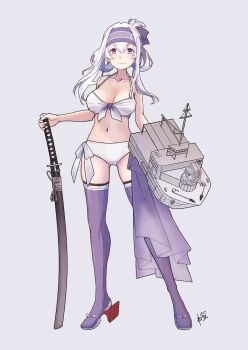 1girl bikini blue_eyes blue_hair blue_headband boots breasts colored_inner_hair folded_ponytail front-tie_bikini_top front-tie_top hair_between_eyes hand_on_hilt headband highres kamoi_(kancolle) kantai_collection katana large_breasts long_hair looking_at_viewer multicolored_hair navel neve_(morris-minicooper) rigging scabbard sheath sheathed side-tie_bikini_bottom smile solo swimsuit sword thigh_boots weapon white_bikini white_hair