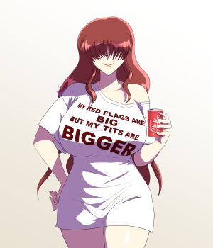 1girl breasts female_focus huge_breasts large_breasts long_hair pale_skin red_hair shermie_(kof) shirt smile standing the_king_of_fighters thick_thighs thighs valkyriori white_shirt wide_hips