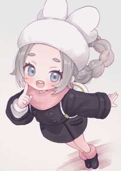 1girl ansha_(pokemon) bag black_boots black_coat blue_eyes blush boots coat commentary_request eyelashes grey_hair hat highres leg_warmers long_hair long_sleeves looking_at_viewer nintendo open_mouth pink_scarf pokemon pokemon_legends:_z-a scarf simple_background smile solo takatsurt teeth upper_teeth_only white_bag white_hat winter_clothes winter_coat