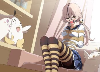 1girl arms_behind_back ball_gag bdsm black_pantyhose blonde_hair blue_archive bondage bound bound_ankles bound_arms bound_breasts bound_calves bound_legs bound_thighs bound_torso bound_wrists bow bowtie box_tie breasts collared_shirt couch crotch_rope crying crying_with_eyes_open drooling female_focus frilled_skirt frills gag gag_harness gagged hifumi_(blue_archive) highres indoors long_hair looking_at_viewer low_twintails on_couch pantyhose pleated_skirt sailor_collar saliva saliva_trail shibari shibari_over_clothes shirt sitting skindentation skirt small_breasts solo tears thighs tunaabyssal twintails very_long_hair white_shirt yellow_bow yellow_bowtie yellow_eyes