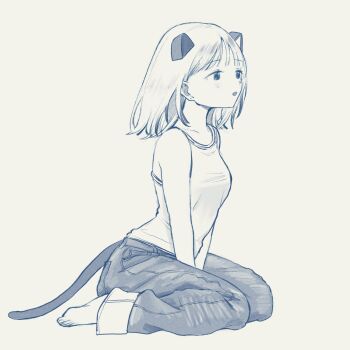 Rule 34 | 1girl, animal ears, arms at sides, barefoot, between legs, denim, from side, full body, hand between legs, highres, jeans, medium hair, monochrome, nena labo, open mouth, original, pants, simple background, sitting, solo, tail, tank top, white background
