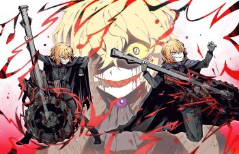 Rule 34 | 1boy, arm up, ascot, belt, belt pouch, black ascot, black belt, black cape, black gloves, black pants, black shirt, black sleeves, blood, blood from mouth, blood in hair, blood on face, blood on teeth, bloody tears, brooch, cape, colored sclera, commentary request, crazy eyes, crazy grin, crazy smile, curled fingers, derivative work, different zoom layer, e.g.o (project moon), fingerless gloves, fingernails, gem, gloves, hair between eyes, hand on own face, hand up, hands up, harmony (e.g.o), highres, holding, holding instrument, instrument, jewelry, kneeling, limbus company, long sleeves, looking at viewer, looking to the side, looking up, male focus, multiple views, music, musical note, musical note-shaped pupils, nana nana bot, open mouth, pants, playing instrument, pouch, project moon, purple gem, sharp fingernails, sharp teeth, shirt, sinclair (project moon), smile, solo, spread legs, sprite redraw, standing, symbol-shaped pupils, teeth, thigh strap, v-shaped eyebrows, white background, white eyes, wide-eyed, yellow sclera