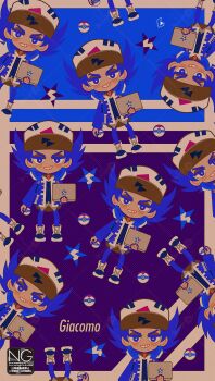 1boy baseball_cap black_eyes black_sweater_vest black_vest blue_hair blue_jacket blue_pants blush bright_pupils collared_shirt computer english_text giacomo_(pokemon) hat headphones headphones_around_neck highres holding holding_laptop holding_poke_ball jacket laptop long_sleeves looking_at_viewer male_focus meme_(sleepsheep) nintendo open_clothes open_jacket open_mouth pants pointy_hair poke_ball pokemon pokemon_sv shirt short_hair smile sweater_vest teeth timer_ball vest white_hat white_pupils white_shirt