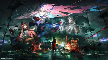 1boy 1other 2girls absurdres beanie black_bodysuit black_eyes black_gloves black_leotard black_shirt blue_hair bodysuit brown_hair car city_lights coat colored_inner_hair copyright_name copyright_notice fingerless_gloves floating_hair glasses gloves goggles goggles_on_head grin group_leader_(xinyue_tongxing) hair_ornament hand_up hat highres holding holding_polearm holding_weapon leotard logo long_sleeves looking_at_viewer lying mingshuang_(xinyue_tongxing) motor_vehicle multicolored_hair multiple_girls multiple_views nail_(hardware) night off-shoulder_leotard official_art official_wallpaper on_ground orange-tinted_eyewear orange_coat orange_gloves outstretched_hand overcast people pink_hair polearm purple_eyes rain red_gloves shirt short_hair sky sleeveless sleeveless_shirt smile tinted_eyewear upper_body weapon white_coat white_hair white_hat xinyue_tongxing zhongyuan_(xinyue_tongxing)