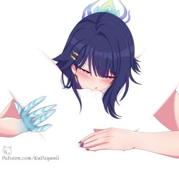 2girls bright_pupils claws colored_extremities commentary convenient_censoring drooling earrings english_commentary hair_ornament hairclip headpiece highres honkai_(series) honkai_impact_3rd implied_cunnilingus jewelry kudayunii long_hair multiple_girls nail_polish parallel_hairclips parted_bangs patreon_username purple_eyes purple_hair raiden_mei raiden_mei_(xentinel:_dawnbearing_crescent) single_earring solo_focus white_background yuri