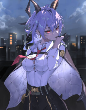 1girl absurdres aniki_(aniki90) armband biting biting_glove black_armband black_gloves black_horns black_jacket black_pants button_gap chest_harness cloud cloudy_sky collared_shirt commentary cowboy_shot curled_horns gloves hair_between_eyes harness high-waist_pants highres horns jacket jacket_on_shoulders looking_at_viewer mole mole_under_eye necktie night outdoors pants red_eyes red_necktie shirt shirt_tucked_in sky solo white_shirt wuthering_waves zani_(wuthering_waves)