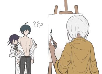 Rule 34 | 1girl, 2boys, ?, ??, ahoge, black hair, black pants, brown jacket, checkered neckerchief, danganronpa (series), danganronpa v3: killing harmony, facing away, from behind, fu ga (vivi912912), highres, holding, holding paintbrush, jacket, long hair, long sleeves, multiple boys, neckerchief, no eyes, no jacket, oma kokichi, paintbrush, paint palette, pants, presenting another, saihara shuichi, shirt tucked in, short hair, simple background, undressing another, white hair, white jacket, white pants, yonaga angie