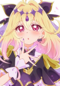 1girl :o absurdres antenna_hair black_capelet black_dress blonde_hair bow bow_earrings brooch capelet commentary cure_arcana_shadow dress earrings gradient_hair hair_bow hair_intakes hair_ornament heart heart_brooch highres jewelry long_hair looking_at_viewer meitantei_precure! moria_luluka multicolored_hair nail_polish open_mouth pink_eyes precure purple_nails solo sugimura_mickey upper_body white_background wrist_cuffs