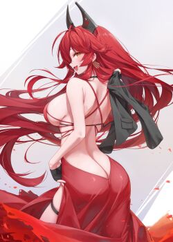 1girl :d absurdres aeon_ion antenna_hair ass back bare_shoulders black_choker black_gloves black_jacket blush breasts butt_crack choker commentary cowboy_shot dress earrings evening_gown fingerless_gloves from_behind gloves goddess_of_victory:_nikke hair_between_eyes hair_flaps highres horns jacket jacket_on_shoulders jewelry large_breasts long_hair looking_at_viewer mechanical_horns official_alternate_costume open_mouth profile red_dress red_hair red_hood_(nikke) red_hood_(nonsense_red)_(nikke) sideboob sidelocks skindentation sleeveless sleeveless_dress smile solo standing thigh_strap yellow_eyes