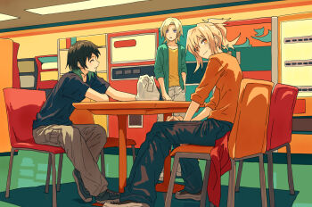 Rule 34 | 3girls, ^ ^, black hair, black pants, black shirt, black shoes, blonde hair, blue shoes, chair, closed eyes, collarbone, commentary, gradient hair, green hair, green jacket, grey pants, hair down, hair over one eye, hands on lap, highres, jacket, looking at another, looking at viewer, love live!, love live! nijigasaki high school idol club, medium hair, mia taylor, miyashita ai, multicolored hair, multiple girls, on chair, open clothes, open jacket, orange eyes, orange shirt, pants, ponytail, purple eyes, shirt, shoes, short hair, short ponytail, short sleeves, sidelocks, sitting, smile, sneakers, takasaki yu, textless version, three-quarter sleeves, two-tone hair, white pants, white shoes, yellow shirt, yukitake (bullfalk)