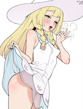 1girl ass bare_arms bare_shoulders blonde_hair blush braid breasts bright_pupils clothes_lift commentary_request cowboy_shot dress dress_lift fellatio_gesture green_eyes half-closed_eyes hat heart highres legs_together lifting_own_clothes lillie_(pokemon) long_hair looking_at_viewer medium_dress motion_lines nintendo no_panties open_mouth oral_invitation pokemon pokemon_sm ring_light_reflection rong_hui see-through_clothes see-through_dress simple_background small_breasts solo standing steam straight_hair sun_hat teeth tongue twin_braids upper_teeth_only white_background white_dress white_hat