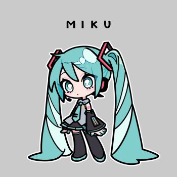 Rule 34 | ameniwa, aqua eyes, aqua hair, aqua nails, aqua necktie, character name, chibi, detached sleeves, grey background, hatsune miku, headphones, headset, long hair, necktie, number tattoo, shirt, simple background, sleeveless, sleeveless shirt, tattoo, twintails, very long hair, vocaloid