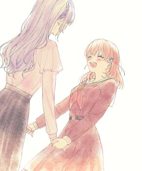 2girls :d ^_^ azuma_(no488888) black_skirt blush braid breasts brown_dress cerise_bouquet closed_eyes crown_braid dress frilled_shirt frills hair_ornament hasu_no_sora_school_uniform highres hinoshita_kaho holding_hands link!_like!_love_live! long_hair long_sleeves love_live! medium_breasts medium_hair multiple_girls neckerchief official_alternate_costume open_mouth otomune_kozue otomune_kozue_(post-graduation) purple_hair rabbit_hair_ornament red_neckerchief sailor_collar sailor_dress school_uniform shirt simple_background skirt smile two_side_up virtual_youtuber white_background white_sailor_collar white_shirt winter_uniform