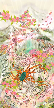 Rule 34 | absurdres, amaterasu (ookami), animal focus, black eyes, branch, bridge, claws, commentary request, fence, flower, full body, highres, mountain, no humans, ookami (game), outdoors, petals, pink flower, putchinpuu, solo, tree, wolf