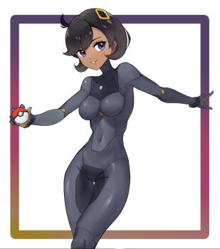 1girl :3 aged_up black_bodysuit black_gloves black_hair blue_eyes bodysuit breasts commentary_request covered_collarbone covered_navel cowboy_shot cowlick dark-skinned_female dark_skin dekin_santa emma_(pokemon) gloves hair_between_eyes hair_ornament highres holding holding_poke_ball latex latex_bodysuit looking_to_the_side medium_breasts mega_stone nintendo no_jacket orange_gloves outstretched_arms parted_lips poke_ball poke_ball_(basic) pokemon pokemon_legends:_z-a short_hair sidelocks skin_tight smile solo standing swept_bangs thigh_gap two-tone_gloves variant_set white_background