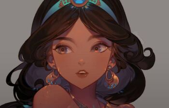 1girl :o aladdin_(movie) bare_shoulders black_hair brown_eyes close-up commentary curly_hair dark-skinned_female dark_skin earrings grey_background hoop_earrings jasmine_(disney) jewelry kawacy long_hair necklace open_mouth portrait simple_background solo teeth twitter_username upper_teeth_only