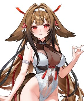 Rule 34 | 1girl, animal ears, bare shoulders, breasts, brown hair, commentary request, covered navel, fox ears, fox girl, fox shadow puppet, fox tail, hairband, highres, large breasts, leotard, long hair, looking at viewer, red eyes, see-through cleavage, see-through clothes, simple background, smile, smilesmile1312, solo, tail, very long hair, white background, white hairband, white leotard, ye shunguang, zenless zone zero