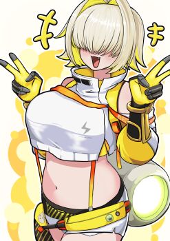 +++ 1girl arm_guards bare_shoulders black_gloves blonde_hair breasts clothing_cutout commentary covered_eyes crabridge cropped_sweater double_v elegg_(nikke) explosion explosion_background fang gloves goddess_of_victory:_nikke hair_intakes hair_over_eyes high_collar highres large_breasts long_bangs multicolored_hair navel open_mouth short_hair shorts shoulder_cutout simple_background smile solo stomach suspender_shorts suspenders sweater two-sided_fabric two-sided_gloves two-tone_hair v white_background white_sweater yellow_gloves