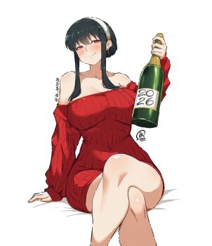 1girl 2026 alcohol artist_logo artist_name bare_legs bare_shoulders black_hair blush bottle breasts champagne collarbone commentary crossed_legs dress earrings english_commentary gold_earrings hair_between_eyes hair_bun hairband happy_new_year holding holding_bottle jewelry jk_arts large_breasts logo looking_at_viewer new_year off-shoulder_sweater off_shoulder red_eyes red_sweater ribbed_sweater short_hair_with_long_locks sidelocks sitting sleeves_past_wrists smile solo spy_x_family sweater sweater_dress thighs twitter_username white_background white_hairband yor_briar