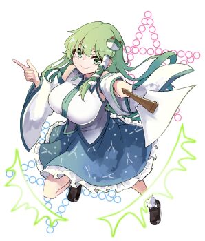 1girl black_shoes blue_skirt breasts closed_mouth commentary_request danmaku deetamu detached_sleeves frilled_skirt frills frog_hair_ornament full_body game_cg gohei green_eyes green_hair hair_ornament hair_tubes hakurei_frontier_spell_strive highres holding holding_gohei kochiya_sanae large_breasts loafers long_hair long_sleeves looking_at_viewer official_art shirt shoes single_hair_tube skirt sleeveless sleeveless_shirt smile snake_hair_ornament socks solo third-party_source touhou transparent_background v-shaped_eyebrows very_long_hair white_shirt white_socks wide_sleeves