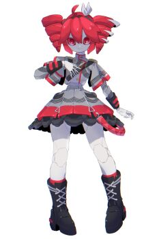 1girl ahoge black_boots boots buttons closed_mouth colored_skin double-breasted drill_hair full_body grey_jacket grey_skin grey_skirt hair_between_eyes hand_up hashtag-only_commentary highres jacket joints kasane_teto kasane_teto_(sv) legs_apart looking_at_viewer mechanization miniskirt pigeon-toed red_eyes red_hair robot_girl robot_joints short_hair simple_background skirt smile solo standing synthesizer_v tanaki_bouei twin_drills utau white_background