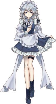 1girl absurdres apron back_bow belt black_bow blue_boots blue_eyes blue_skirt blue_vest boots bow braid closed_mouth collared_shirt frilled_shirt_collar frills full_body game_cg grey_hair hair_bow highres izayoi_sakuya juliet_sleeves lace-up_boots long_hair long_sleeves looking_at_viewer maid maid_headdress marisa_of_liartop_mountain non-web_source official_art puffy_sleeves second-party_source shirt skirt skirt_hold smile socha solo thigh_belt thigh_strap touhou transparent_background twin_braids vest waist_apron white_apron white_bow white_shirt