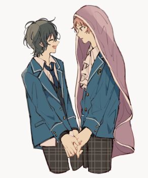 Rule 34 | 2boys, ascot, blanket, blazer, blue jacket, blue necktie, buttons, closed eyes, collared shirt, commentary request, cropped legs, ensemble stars!, facing another, from side, itsuki shu, jacket, kagehira mika, lapels, long sleeves, looking at another, male focus, multiple boys, necktie, notched lapels, open clothes, open collar, open jacket, open mouth, pants, parted lips, plaid clothes, plaid pants, school uniform, shirt, short hair, simple background, smile, trtrtr ko, valkyrie (ensemble stars!), white ascot, wing collar, yaoi, yumenosaki school uniform