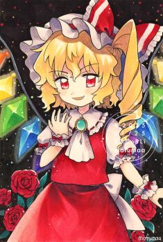 Rule 34 | 1girl, artist name, ascot, back bow, blonde hair, blush, bow, brooch, collared shirt, commentary, cowboy shot, crystal, crystal wings, fang, flandre scarlet, flower, frilled shirt collar, frills, hat, jewelry, long hair, long sleeves, looking at viewer, maa (forsythia1729), mob cap, multicolored wings, one side up, open mouth, puffy long sleeves, puffy sleeves, red bow, red eyes, red flower, red rose, red skirt, red vest, rose, shirt, skirt, skirt set, sleeve bow, smile, solo, touhou, traditional media, vest, watermark, white ascot, white bow, white hat, wings, wrist cuffs