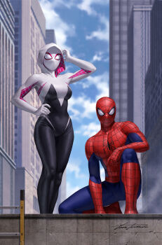 1boy 1girl black_bodysuit blue_bodysuit blue_sky blurry blurry_background bodysuit breasts city cloud comic_cover commentary covered_pectorals day english_commentary full_body gwen_stacy hand_on_own_hip highres hood hood_up hooded_bodysuit ladder looking_at_viewer marvel mask medium_breasts multicolored_bodysuit muscular muscular_male official_art pectorals peter_parker red_bodysuit signature sky spider-gwen spider-man spider-man_(series) spider-verse spider_web_print squatting superhero_costume white_bodysuit yoon_junggeun