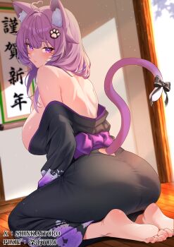 1girl absurdres ahoge animal_ear_fluff animal_ears ass barefoot black_bow black_kimono blurry blurry_background blush bow breasts calligraphy_scroll cat_ears cat_girl cat_tail chinese_commentary closed_mouth clothing_cutout commentary_request commission feet floral_print floral_print_kimono heart heart_ahoge heart_cutout highres indie_virtual_youtuber indoors japanese_clothes kimono large_breasts light_smile long_hair looking_at_viewer mole mole_under_eye obi on_floor paw_hair_ornament pixiv_username print_kimono purple_eyes purple_hair purple_sash sash seiza shinkai_toro sitting soles solo tail tail_bow tail_ornament tail_through_clothes toes twitter_username virtual_youtuber wooden_floor