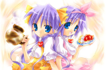 00s 2girls anna_miller coffee_pot food fruit hiiragi_kagami hiiragi_tsukasa lucky_star multiple_girls nyanmilla orange_skirt pie plate sisters skirt strawberry twins upper_body waitress