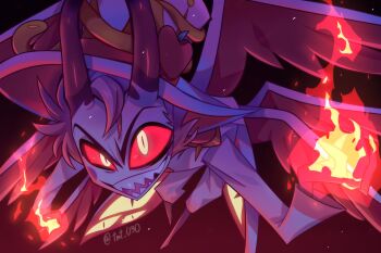 1boy angel angel_wings blonde_hair commentary commentary_request demon_boy demon_horns formal_clothes hair_slicked_back hashtag-only_commentary hazbin_hotel hellaverse highres horns lucifer_morningstar_(hazbin_hotel) male_focus sharp_teeth slit_pupils solo suit symbol-only_commentary teeth tmt_030 wings