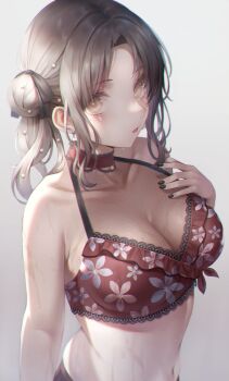 1girl bare_shoulders black_nails breasts choker cleavage collarbone earrings eyes_visible_through_hair fingernails frilled_choker frills gradient_background hair_bun hibimaru highres ichikawa_hinana idolmaster idolmaster_shiny_colors jewelry large_breasts long_hair looking_at_viewer nail_polish navel parted_lips patterned patterned_clothing red_choker single_earring single_hair_bun solo sweat swimsuit yellow_eyes