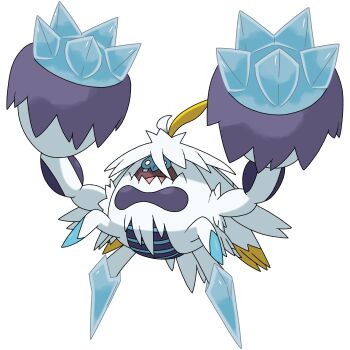 ahoge blank_eyes blonde_hair blue_trim body_fur cardnlh colored_skin crab crabominable gen_7_pokemon highres ice long_hair mega_crabominable mega_pokemon multicolored_hair nintendo no_humans official_style open_mouth pokemon pokemon_(creature) pokemon_focus purple_fur purple_skin sugimori_ken_(style) teeth two-tone_hair white_fur white_hair yeti_(creature)