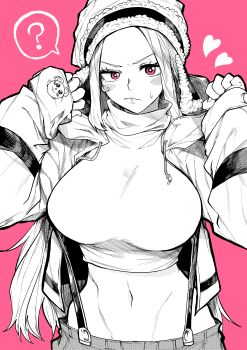 1girl ? absurdres blush breasts commentary_request crop_top eyelid_piercing face_piercing greyscale_with_colored_background hat heart highres jewelry_bonney large_breasts lipstick long_hair makeup midriff monochrome navel one_piece piercing pink_background pink_eyes solo stomach sweater yotsumi_shiro
