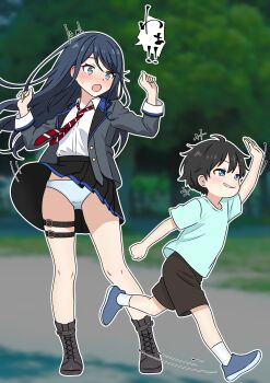 Rule 34 | 1girl, :o, aqua shirt, ayafuya-p, belt, belt buckle, black belt, black hair, black skirt, blazer, blue eyes, blue hair, blue shoes, blush, brown shorts, buckle, clothes lift, collared shirt, commentary request, commission, crotch seam, diagonal-striped clothes, diagonal-striped necktie, grey eyes, grey jacket, grey shoes, grin, hands up, highres, hoshino ichika (project sekai), jacket, long hair, long sleeves, miniskirt, motion lines, necktie, nose blush, open clothes, open jacket, open mouth, outline, panties, pixiv commission, pleated skirt, project sekai, red necktie, running, school uniform, shirt, shirt tucked in, shoes, short hair, shorts, skirt, skirt flip, skirt lift, small sweatdrop, smile, socks, solo, speech bubble, straight hair, striped clothes, surprised, t-shirt, thigh belt, thigh strap, translation request, underwear, very short hair, white outline, white panties, white shirt, white socks, wing collar