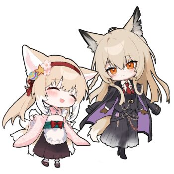 2girls animal_ears apron arknights black_hakama chibi closed_eyes commentary dr.lamina fox_ears fox_girl fox_tail hairband hakama japanese_clothes kimono mother_and_daughter multiple_girls official_alternate_costume pink_kimono skirt smile suzuran_(arknights) suzuran_(yukibare)_(arknights) symbol-only_commentary tail vulpisfoglia_(arknights) white_apron