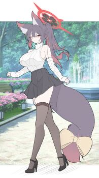 Rule 34 | 1girl, absurdres, alternate costume, alternate hairstyle, amebrew, animal ears, bare shoulders, bench, blue archive, brown hair, colored inner hair, detached sleeves, fountain, fox ears, fox girl, fox tail, halo, high heels, highres, long hair, multicolored hair, park, park bench, pleated skirt, ponytail, red hair, ribbed sweater, ribbon, skirt, solo, sweater, tail, tail ornament, tail ribbon, thighhighs, wakamo (blue archive), yellow eyes