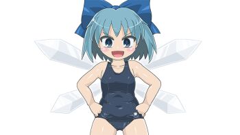 1girl :d blue_bow blue_eyes blue_hair blue_one-piece_swimsuit blush bow cirno collarbone commentary_request cowboy_shot hair_bow hands_on_own_hips ice ice_wings old_school_swimsuit one-piece_swimsuit open_mouth school_swimsuit short_hair smile solo swimsuit touhou transparent_background wings winn