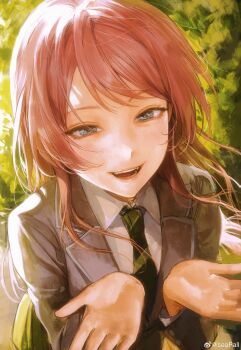 Rule 34 | 1girl, absurdres, bang dream!, bang dream! it's mygo!!!!!, chihaya anon, chinese commentary, collared shirt, diagonal-striped clothes, diagonal-striped necktie, fangs, green necktie, grey eyes, grey jacket, haneoka school uniform, highres, jacket, long hair, necktie, open mouth, pink hair, school uniform, seapall, shirt, solo, striped clothes, teeth, upper teeth only, watermark, weibo watermark, white shirt
