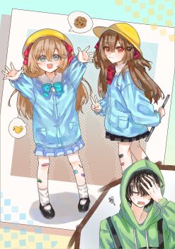 Rule 34 | 1boy, 2girls, aqua bow, aqua bowtie, bandaid, bandaid on knee, bandaid on leg, black hair, black shoes, blue eyes, blue jacket, blue skirt, bow, bowtie, broken heart, broken heart hair ornament, brown hair, cookie, eananaia, evil neuro-sama, facepalm, food, green hoodie, hair between eyes, hair ornament, hair ribbon, hands up, hashtag-only commentary, hat, heart, heart hair ornament, highres, holding, holding lead pipe, hood, hoodie, jacket, kindergarten uniform, lead pipe, long hair, long sleeves, looking at viewer, multiple girls, neuro-sama, personification, pleated skirt, red bow, red bowtie, red eyes, red ribbon, ribbon, rubber duck, school hat, shirt, shoes, short hair, skirt, socks, speech bubble, standing, two side up, v, vedal987, vedal ai, white shirt, white socks, yellow hat