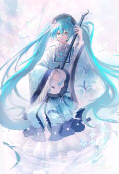 1girl ao_nhat_binh aqua_eyes aqua_hair bug butterfly commentary dress floral_print flower flower_ornament frilled_dress frilled_sleeves frills hair_flower hair_ornament hatsune_miku highres holding holding_instrument insect instrument jewelry khan_van lolita_fashion long_hair necklace nmlm_16 pearl_necklace reflection reflective_liquid tassel thanh_mai_miku twintails viet_lolita vietnamese_clothes vocaloid wide_sleeves