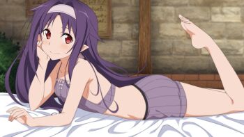 10s 1girl arm_support bare_shoulders barefoot bed_sheet breasts collarbone feet female_focus hairband indoors long_hair looking_at_viewer lying on_stomach pink_hairband pointy_ears purple_hair red_eyes sideboob small_breasts smile solo sword_art_online sword_art_online:_hollow_realization the_pose toes underwear underwear_only yuuki_(sao)