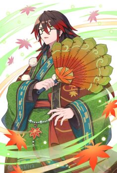 1boy commentary_request cyu6712 glasses gradient_hair green_eyes hair_between_eyes hand_fan highres holding holding_fan japanese_clothes kimono kurama_(rune_factory) leaf looking_at_viewer male_focus maple_leaf multicolored_hair open_mouth red_hair rune_factory rune_factory:_guardians_of_azuma wide_sleeves