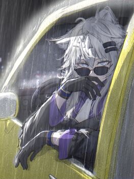 1girl absurdres ahoge animal_ear_fluff animal_ears arknights black_gloves black_jacket car commentary_request covering_own_mouth gloves grey_eyes grey_hair hair_between_eyes hair_ornament hairclip highres jacket lappland_(arknights) lappland_the_decadenza_(arknights) lappland_the_decadenza_(unruly_humbleness)_(arknights) leaning_out_of_window long_hair long_sleeves looking_at_viewer mebe_(teadia_violet) motor_vehicle necktie official_alternate_costume purple_shirt rain scar scar_across_eye scar_on_face shirt solo steering_wheel sunglasses water wet wet_clothes white_necktie wolf_ears wolf_girl