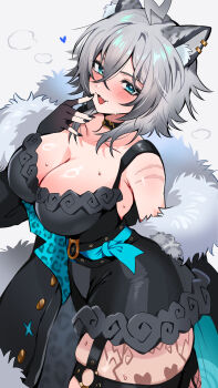 1girl absurdres animal_ear_fluff animal_ears animal_print black_nails blue_eyes blush breasts cleavage coat commentary commission curry_chi ear_piercing english_commentary enipa_28 fingernails fur_coat hair_between_eyes heart highres indie_virtual_youtuber jewelry leopard_ears leopard_print looking_at_viewer nail_polish open_clothes open_coat open_mouth piercing scar scar_on_arm simple_background skeb_commission solo sweatdrop virtual_youtuber white_background white_hair